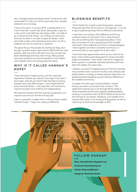 Page 2 of Hannah's article which talks about why her blog is called Hannah's Hope and the benefits of blogging. At the bottom of the page there is a clipart style photo of some hands typing on a laptop.