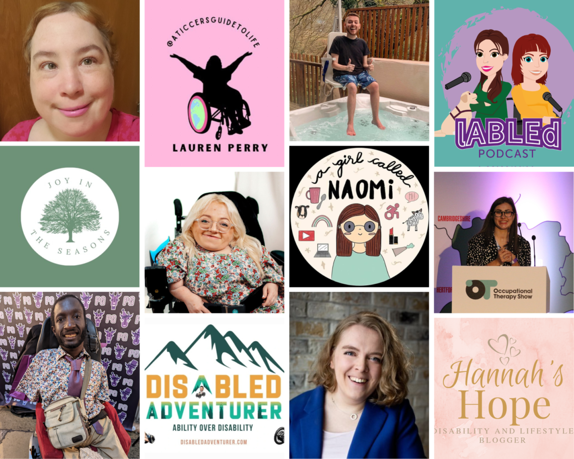 A collage showing twelve logos or photographs of a collection of Disabled Bloggers, Podcasts and Influencers.