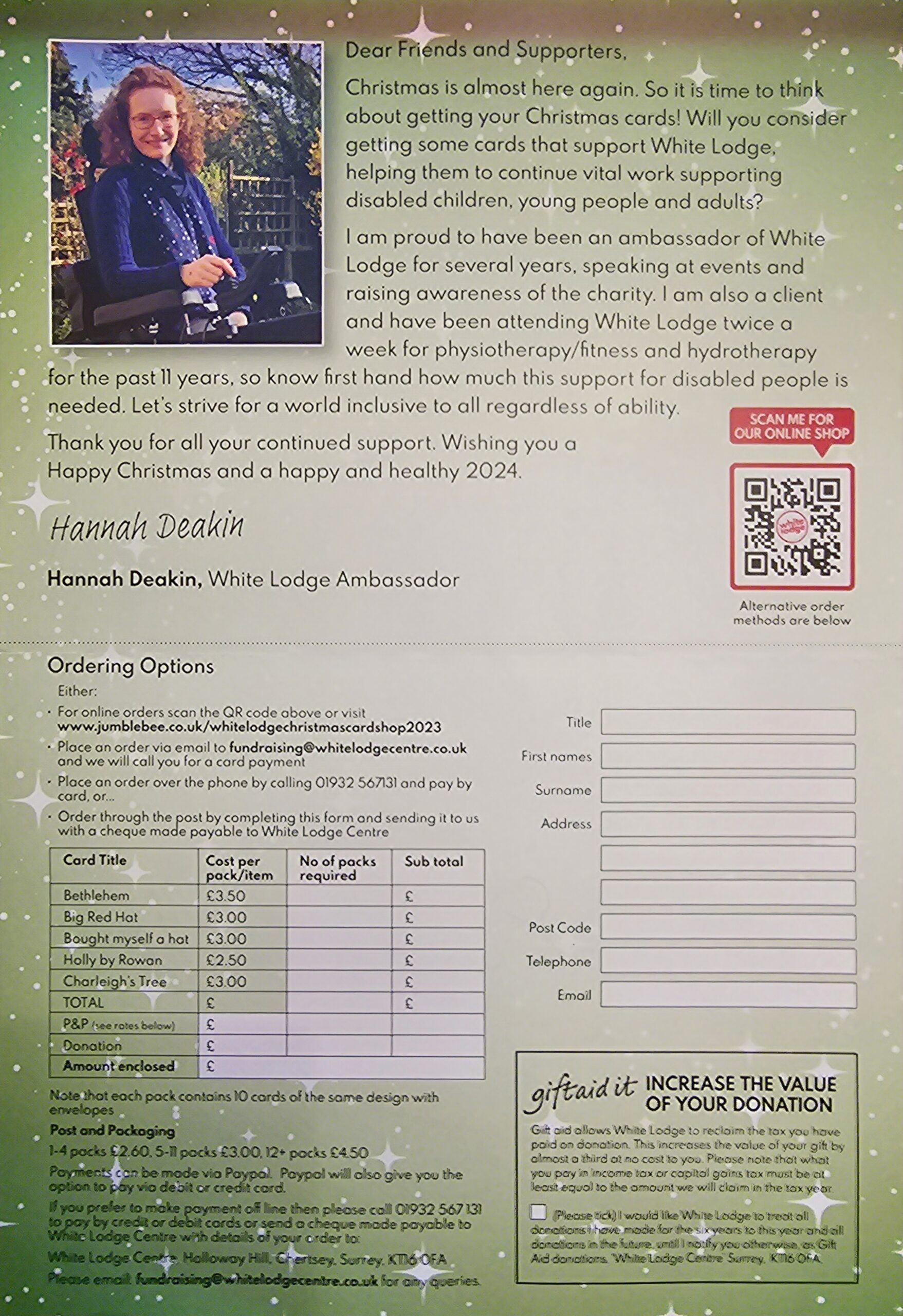 The forward for White Lodge Christmas card message for 2023. A green page with a photo of Hannah and text wishing White Lodge supporters a Happy Christmas, thanking them for their support, and asking them to consider buying the White Lodge Christmas cards. At the bottom of the page are the ordering options.