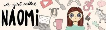 A Girl Called Naomi logo. A cream background, the words 'A Girl Called Naomi' in black on the left and cartoon images such as a laptop, cup, spoon, wheelchair, zebra and girl on the right.