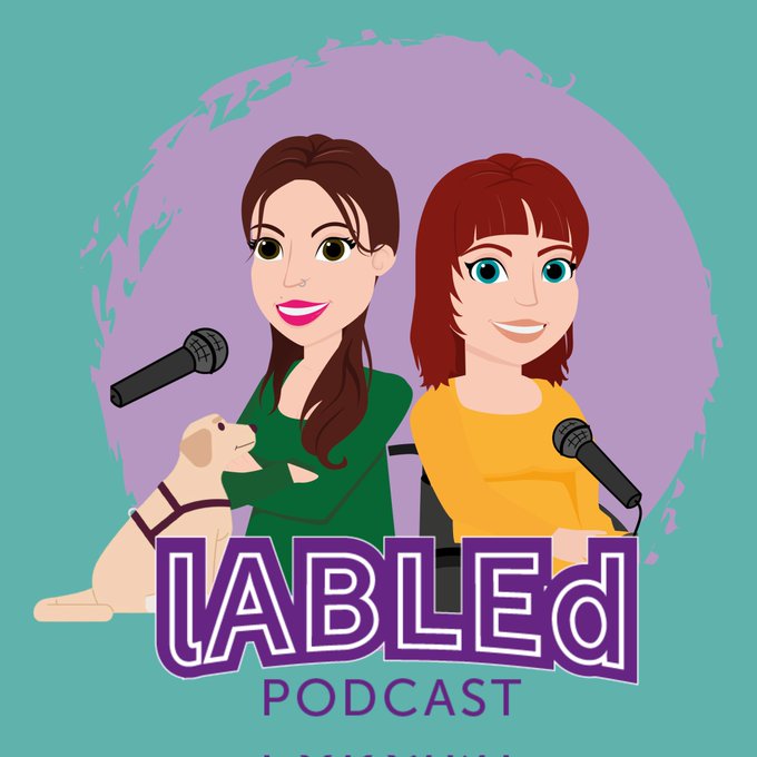 Labled logo. A turquoise background with a lilac circle in the middle with two cartoons of girls and a dog. At the bottom the words 'Labled' is in capitals and 'Podcast' is below it in smaller writing. The writing is in purple.