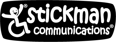 Stickman Communications logo. A black background with 'Stickman Communications' and a wheelchair symbol in white.
