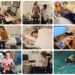 A collage of nine photos to illustrate 7 Days In My Life (As A Wheelchair User). It shows Hannah on her work computer, personal computer, studying, swimming, sleeping, doing bed exercises, doing exercises sitting, standing with her PA and four wheeled walker and on the Motomed bike at White Lodge.