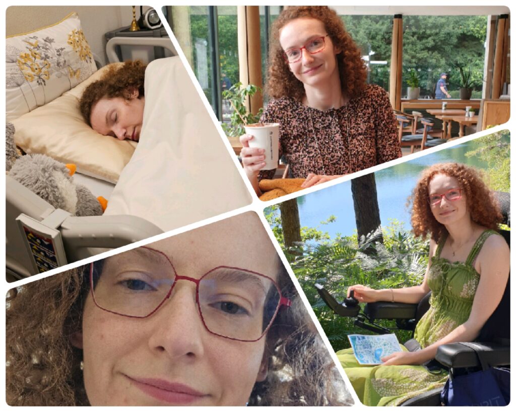 Four photos of Hannah, two showing her looking well and capable and two showing her looking unwell, exhausted, one of which she is in bed. To illustrate the price paid to show my capability.