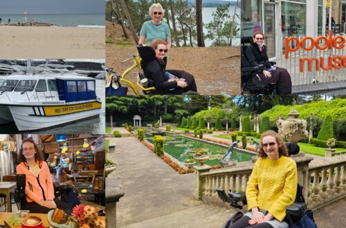 7 Wheelchair Accessible things to do around Poole- a collage showing Hannah at or doing the recommended things- gardens, on Brownsea Island, eating cake and more.